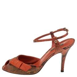 Pre Owned Louis Vuitton Orange/Brown Richard Prince Jokes Karung Leather And Monogram Canvas Ankle Strap Sandals Size 38.5