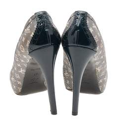 Pre Owned حذاء كعب عالي لوي فيتون كانفاس ميني لين مونوغرامي وجلد لامع مقدمة مفتوحة أزرق مقاس 37