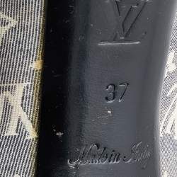 Pre Owned حذاء كعب عالي لوي فيتون كانفاس ميني لين مونوغرامي وجلد لامع مقدمة مفتوحة أزرق مقاس 37