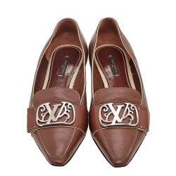 Louis Vuitton Brown Leather Logo Embellished Ballet Flats Size 38.5