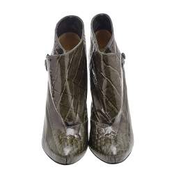 Pre Owned Louis Vuitton Olive Green Croc Embossed Patent Leather Ankle Booties Size 37.5
