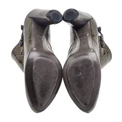 Pre Owned Louis Vuitton Olive Green Croc Embossed Patent Leather Ankle Booties Size 37.5