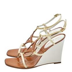 Pre Owned Louis Vuitton Brown/Beige Patent And Leather Capricieuse Monogram Wedge Sandals Size 39.5