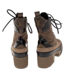 مملوكة مسبقًا Louis Vuitton Tri-Color Suede, Monogram Canvas and Croc Embossed Leather Laureate Platform Desert Boots Size 40