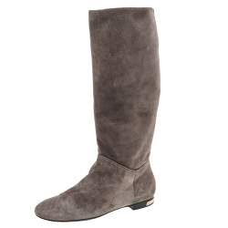 Pre Owned Louis Vuitton Grey Suede Knee Length Boots Size 38.5