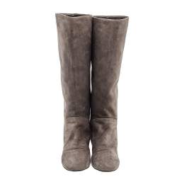 Pre Owned Louis Vuitton Grey Suede Knee Length Boots Size 38.5