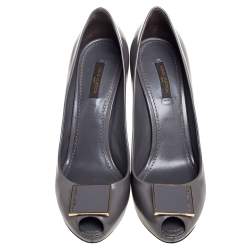 Pre Owned Louis Vuitton Grey Leather Logo Embellished Peep-Toe Pumps Size 38.5