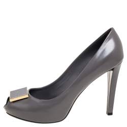 Pre Owned Louis Vuitton Grey Leather Logo Embellished Peep-Toe Pumps Size 38.5