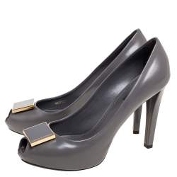 Pre Owned Louis Vuitton Grey Leather Logo Embellished Peep-Toe Pumps Size 38.5