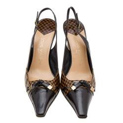 Pre Owned صندل لوي فيتون جلد وجلد دامييه إيب ين بني لامع بفيونكة وحزام خلفي للكاحل مقاس 39