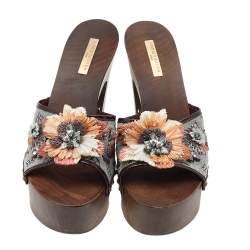 Louis Vuitton Grey/Burgundy Monogram Mini Lin And Patent Leather Raffia Flower Platform Clog Sandals Size 40