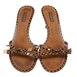 Pre Owned Louis Vuitton Brown Damier Ebene Patent Mule Slide Sandals Size 39.5