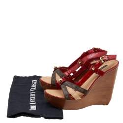 Pre Owned Louis Vuitton Red/Brown Patent Leather And Monogram Canvas Wedge Platform Sandals Size 40