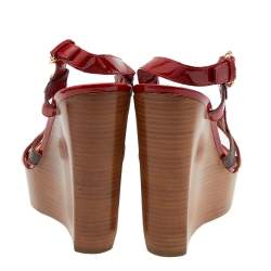 Pre Owned Louis Vuitton Red/Brown Patent Leather And Monogram Canvas Wedge Platform Sandals Size 40