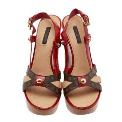 Pre Owned Louis Vuitton Red/Brown Patent Leather And Monogram Canvas Wedge Platform Sandals Size 40