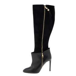 Pre Owned Louis Vuitton Black Leather And Suede Knee Length Boots Size 39.5