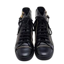 Louis Vuitton Black Leather Zip Detail High Top Sneakers Size 36.5