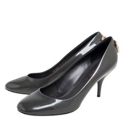 Pre Owned Louis Vuitton Grey Patent Leather Padlock Detail Round-Toe Pumps Size 38