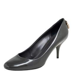 Pre Owned Louis Vuitton Grey Patent Leather Padlock Detail Round-Toe Pumps Size 38
