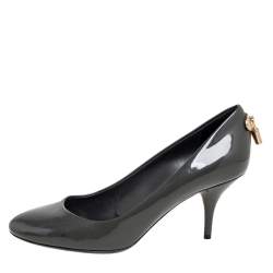 Pre Owned Louis Vuitton Grey Patent Leather Padlock Detail Round-Toe Pumps Size 38