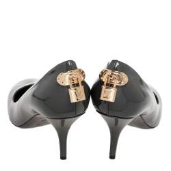 Pre Owned Louis Vuitton Grey Patent Leather Padlock Detail Round-Toe Pumps Size 38