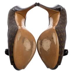 Pre Owned Louis Vuitton Brown Monogram Canvas And Patent Leather Bow Peep Toe Pumps Size 40