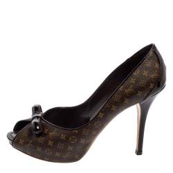 Pre Owned Louis Vuitton Brown Monogram Canvas And Patent Leather Bow Peep Toe Pumps Size 40