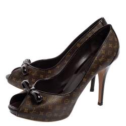 Pre Owned Louis Vuitton Brown Monogram Canvas And Patent Leather Bow Peep Toe Pumps Size 40