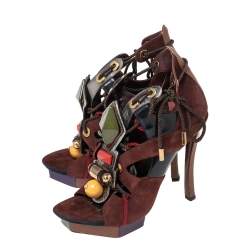 Pre Owned حذاء بوت للكاحل لوي فيتون جلد وسويدي بني مزخرف مقاس 38