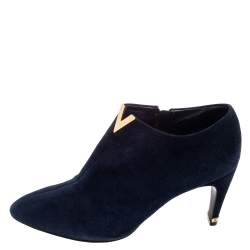 Pre Owned Louis Vuitton Navy Blue Suede V Bahiana Booties Size 38
