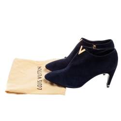 Pre Owned Louis Vuitton Navy Blue Suede V Bahiana Booties Size 38