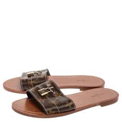 مملوكة مسبقًا Louis Vuitton Brown Monogram Canvas Lock It Flat Slides Size 37