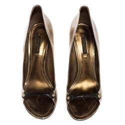 Louis Vuitton Gold/Black Patent and Snakeskin Leather Open-Toe Pumps Size 39