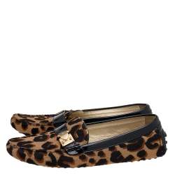 Pre Owned Louis Vuitton Brown Leopard Calf Hair And Patent Leather Slip On Loafers Size 38