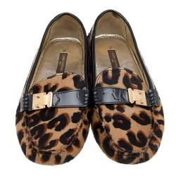 Pre Owned Louis Vuitton Brown Leopard Calf Hair And Patent Leather Slip On Loafers Size 38