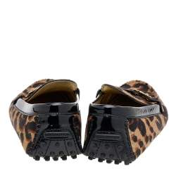 Pre Owned Louis Vuitton Brown Leopard Calf Hair And Patent Leather Slip On Loafers Size 38