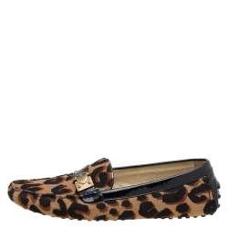 Pre Owned Louis Vuitton Brown Leopard Calf Hair And Patent Leather Slip On Loafers Size 38