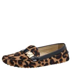 Pre Owned Louis Vuitton Brown Leopard Calf Hair And Patent Leather Slip On Loafers Size 38