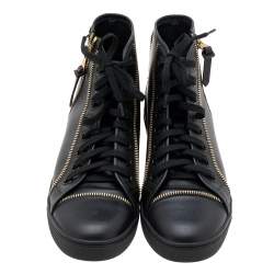 مملوكة مسبقًا Louis Vuitton Black Leather Zip Detail High Top Zip Sneakers Size 39.5