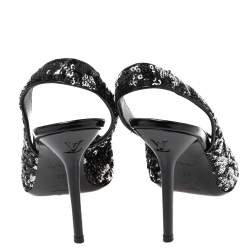 Pre Owned حذاء كعب عالي لوي فيتون ليزر ترتر فضي/أسود بحزام خلفي للكاحل مقاس 36