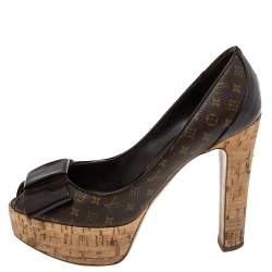 Louis Vuitton Monogram Canvas Cork Rivoli Peep Toe Platform Pumps - Si –  LuxeDH