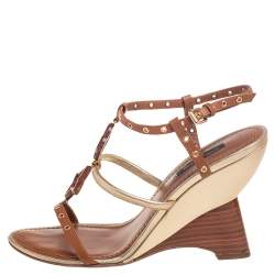 مملوكة مسبقًا Louis Vuitton Brown/Gold Leather Andalucia Wedge Sandals Size 37.5