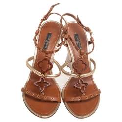 مملوكة مسبقًا Louis Vuitton Brown/Gold Leather Andalucia Wedge Sandals Size 37.5