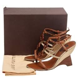 مملوكة مسبقًا Louis Vuitton Brown/Gold Leather Andalucia Wedge Sandals Size 37.5