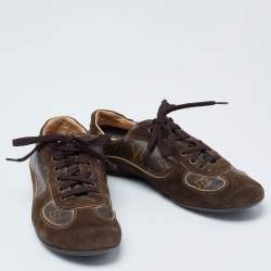 Pre Owned Louis Vuitton Brown Suede and Monogram Coated Canvas Energie Low-Top Sneakers Size 39.5