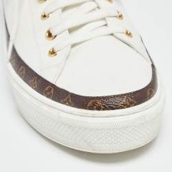 Pre Owned Louis Vuitton White/Brown Monogram Canvas And Leather Lace Up Sneakers Size 39
