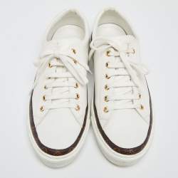 Pre Owned Louis Vuitton White/Brown Monogram Canvas And Leather Lace Up Sneakers Size 39