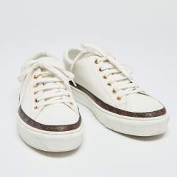 Pre Owned Louis Vuitton White/Brown Monogram Canvas And Leather Lace Up Sneakers Size 39