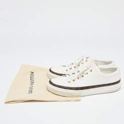 Pre Owned Louis Vuitton White/Brown Monogram Canvas And Leather Lace Up Sneakers Size 39