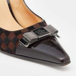 مملوكة مسبقًا حذاء كعب عالي لوي فيتون جلد لامع وشعر حصان بني فيونكة معدن غطاء مقدمة مقاس 39